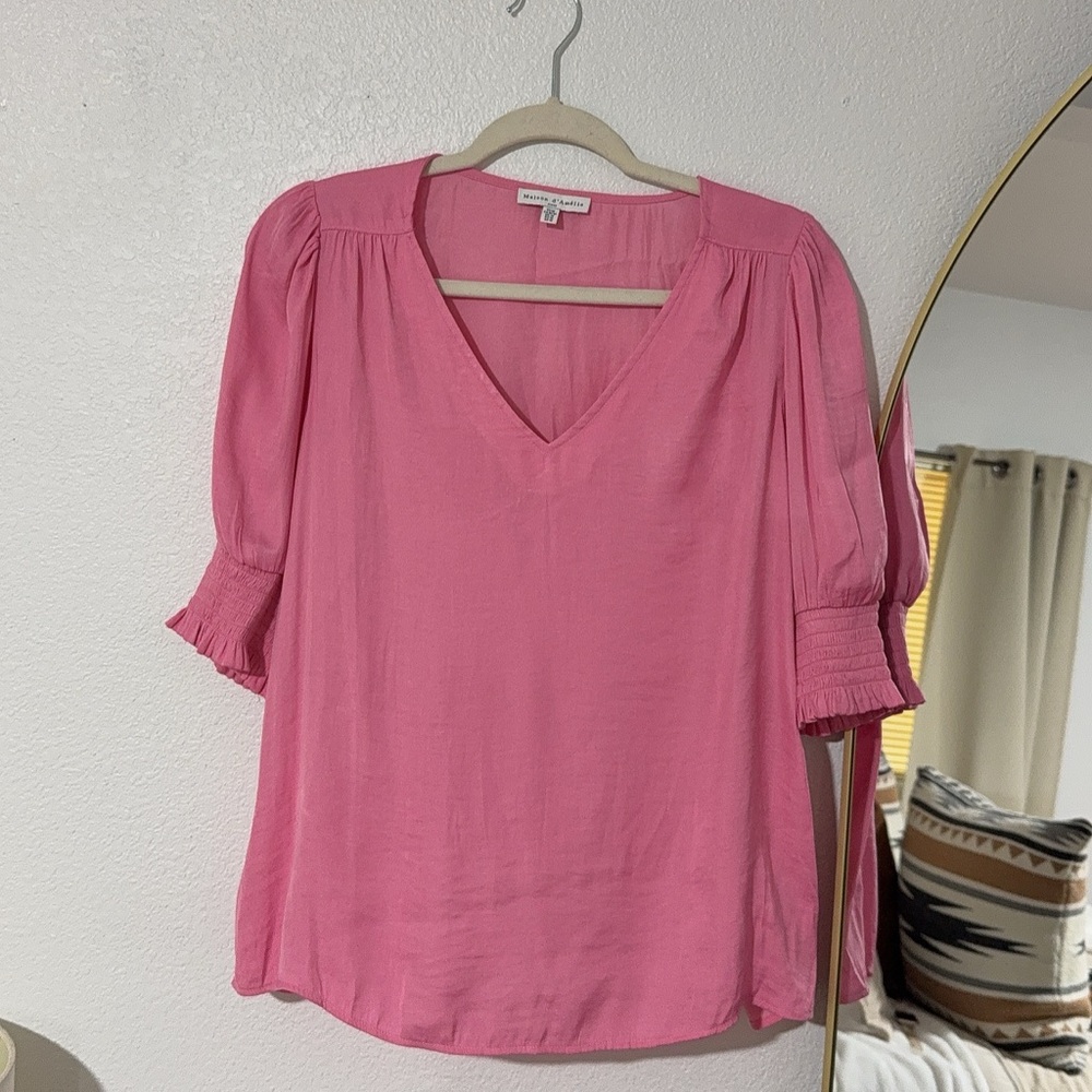 Pink Flutter Sleeve Blouse with Ruffled 3/4 Sleeves